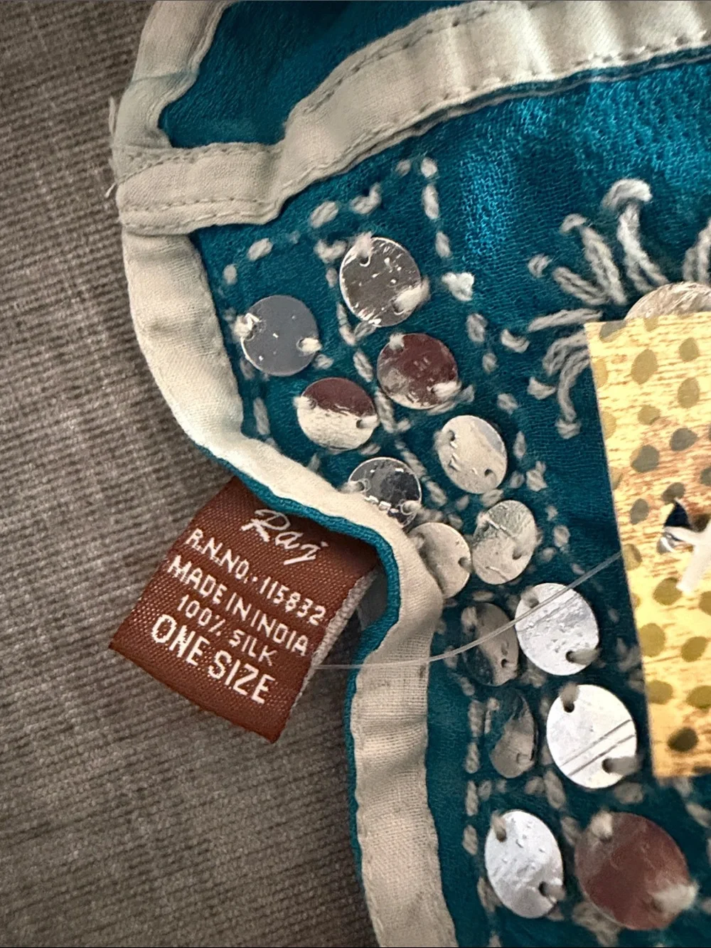 Raj Teal Silk Infinity Scarf with Silver Sequin Embroidery